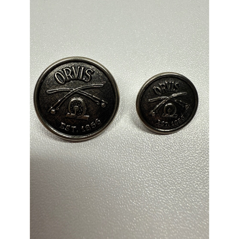 NEW 2 Vtg Orvis Blazer Buttons Replacement Set Gray Metal Rod Reel Waterbury USA